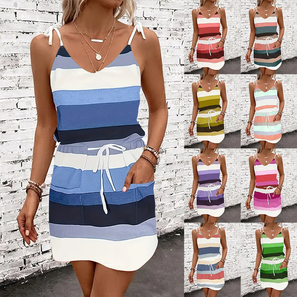 여성 루즈 빈티지 러플 베프리 드레스 섹시 스트립 스트랩 붕대 포켓 여름 베스트 탱크 보헤미안 캐주얼 휴가 파티 미디 드레스