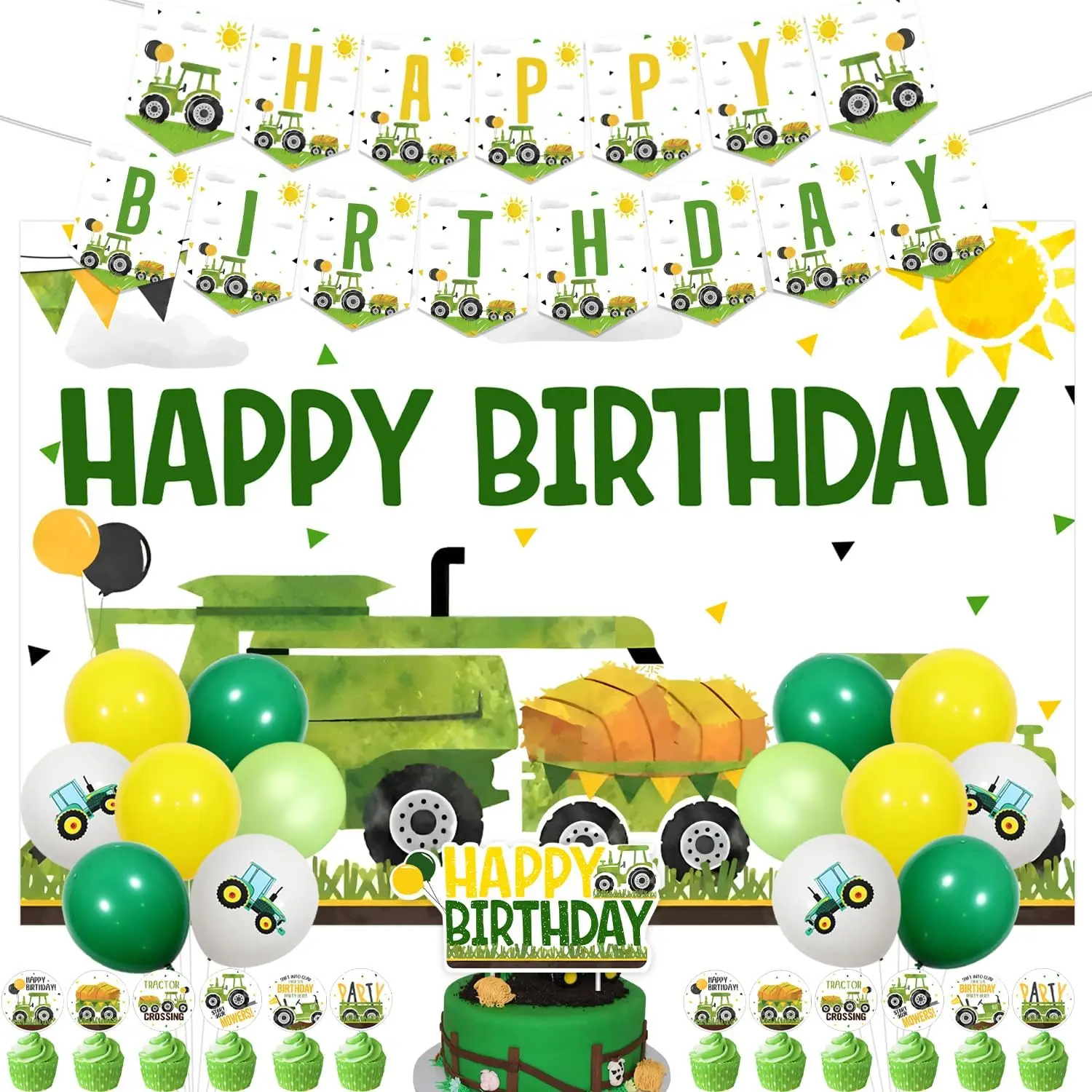 Funmemoir Farm Tractor Birthday Party Decorations Green Tractor Backdrop Banner Cake Toppers Latex Balloons 2nd Birthday Supplie