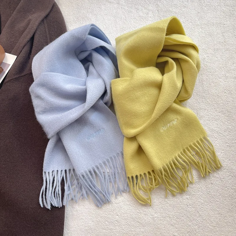 

2025 зимний новый женский шарф из 100% чистой шерсти, однотонный утолщенный теплый верхний платок с кисточками, шаль, мягкий приятный для кожи шарф