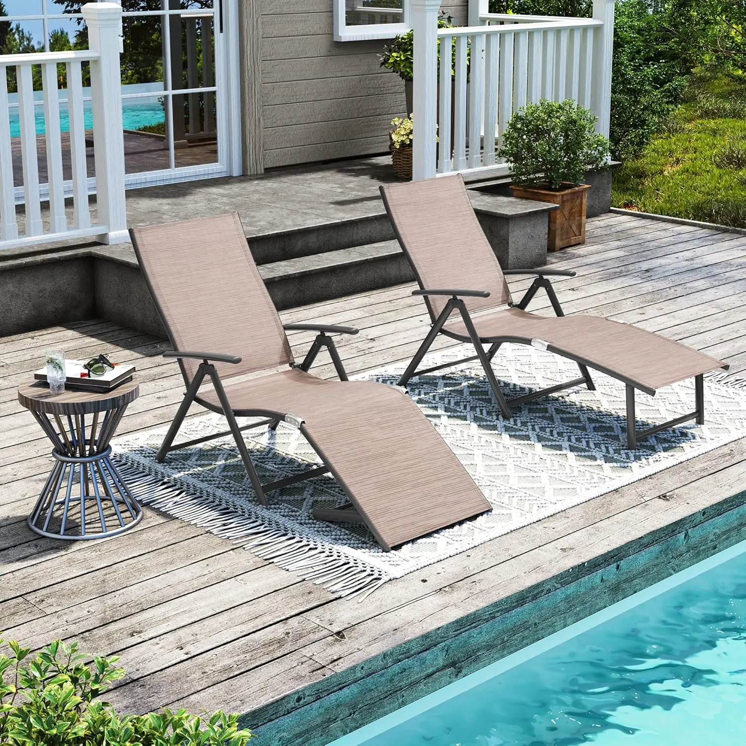 

Outdoor Chaise Lounge Set of 2 Aluminum Pool Lounge Chairs with Adjustable Backrest & Footrest, Foldable Pool Loungers for Beach
