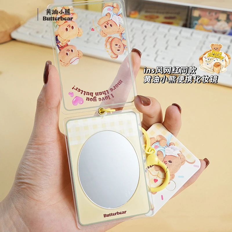 Cartoon Portable Carry-on Butter Bear Mirror Keychain Cute Angel Archery Love Cream Bear Pattern Girl Makeup Mirror Key Chain