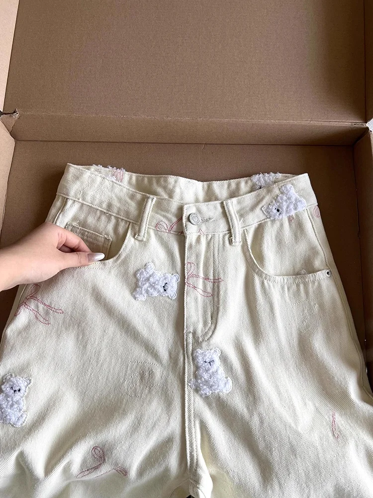 Dopne Cartoon-Bär Bestickte Hochgeschnittene Loose-Fit Schlankmachende Weite Jeans Frühling Herbst Design Casual Hosen