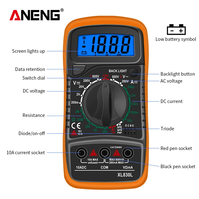 ANENG XL830L مقياس رقمي متعدد Esr متر اختبار السيارات الكهربائية Dmm الترانزستور الذروة تستر متر السعة متر