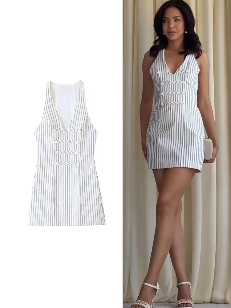 TFMLN Summer Women Fashion Striped Halter Neck Dress Deep V Double Breasted Decoration Sleeveless Slim Mini Dress Simple Chic