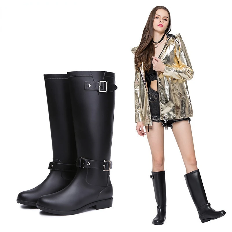 Rain Boots Fashion Water Boots Women\'s Long Sleeve Zipper High Heel Motorcycle Boots Waterproof and Anti Slip Rain Shoes Women