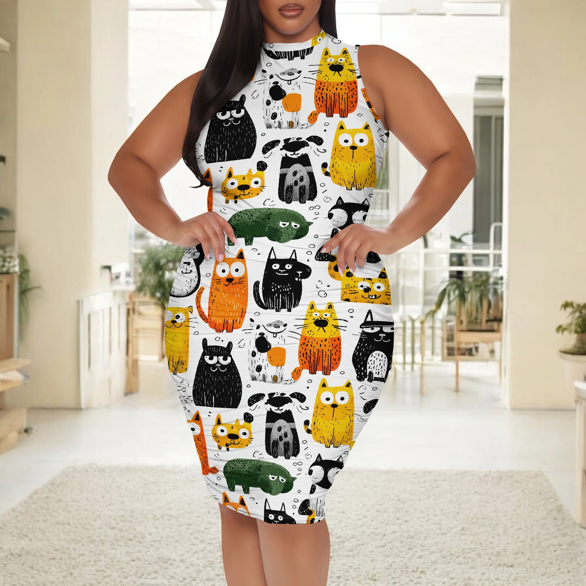 Women's Cartoon Animal Bodycon Dress 2025 New Arrival High Neck Casual Summer Dress XL-6XL