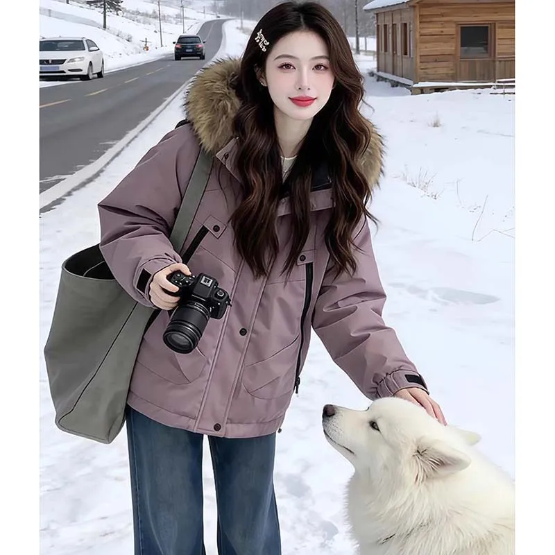 Purple Tooling Big Fur Collar Hooded Parker Down Cotton-padded Jacket Women Winter 2026 New Loose Padded Warm Cotton-padded Coat