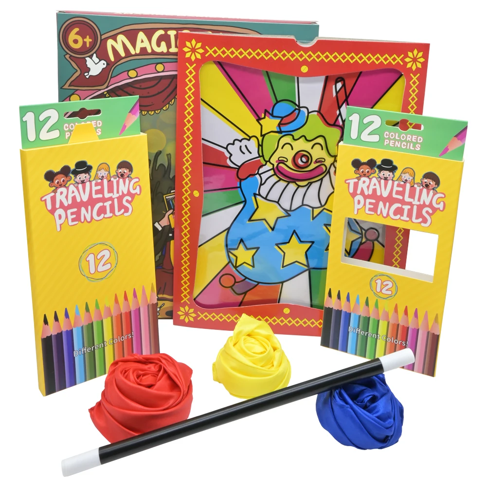 Juego mágico de escenario con varita mágica, bufandas mágicas, payaso mágico, accesorios mágicos que desaparecen de colores mágicos para