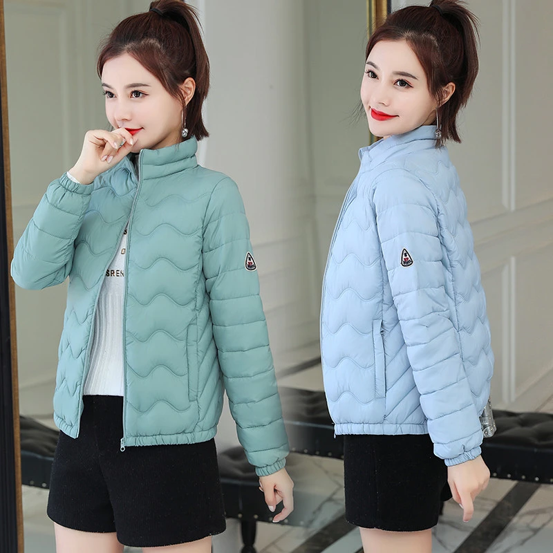 Korean Simple Daily Style Stand Collar Light Puffer Jacket Wavy Quilted Zip‑Up Short Warm Casual Outerwear With Two Fresh Shades