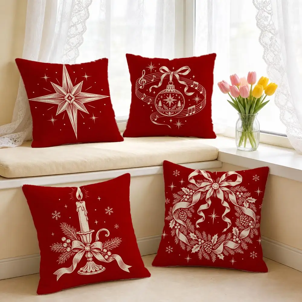 Red Line Christmas Engraving Pattern Set Cushion Cover Soft Short‑Plush Pillowcase, Sofa Bedroom Home Decor, Holiday Gift