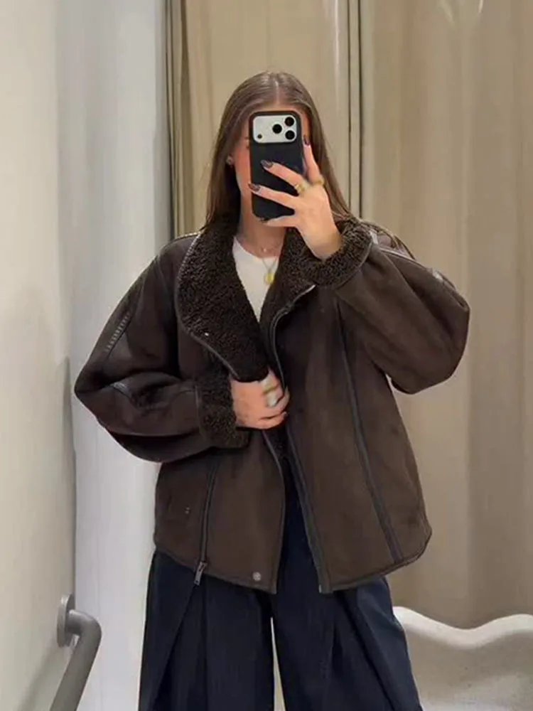 HH امرأة الشتاء موضة الوجهين الاختراق سترة المرأة فضفاضة طويلة الأكمام جيب سستة الديكور التلبيب معطف غير رسمي