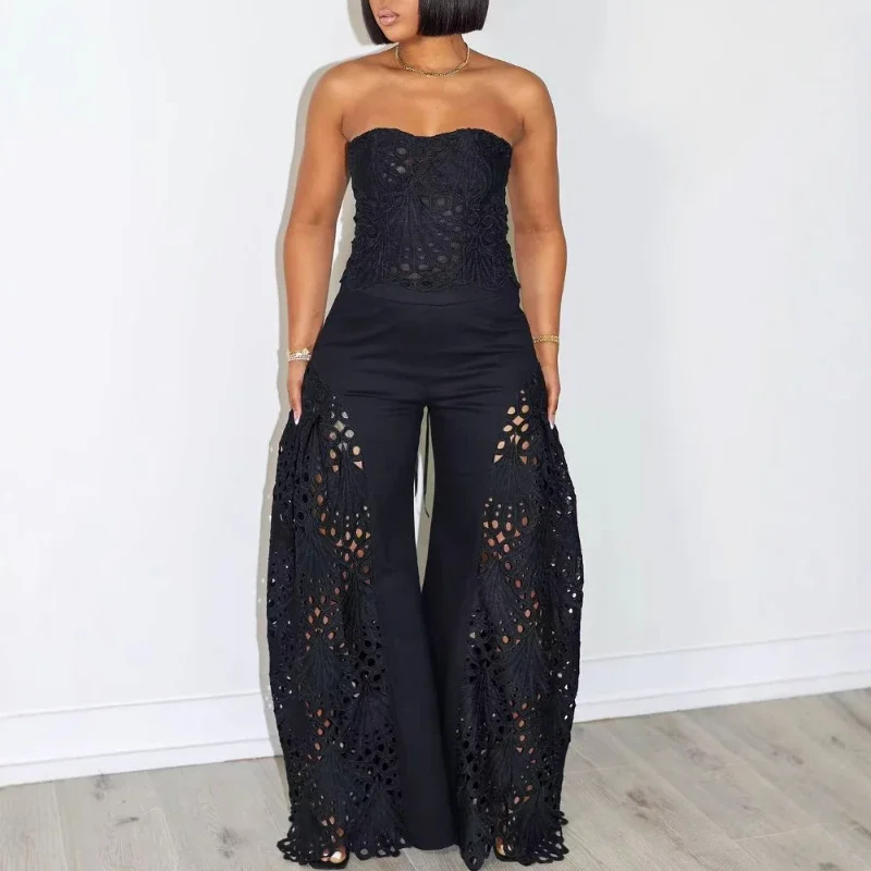 

CPSYMYM Two Piece Sets Women Pant Set Strapless Matching Sets Short Tops Wide Leg Long Pants Slim Fit Lace Hollow Out Y2k Street