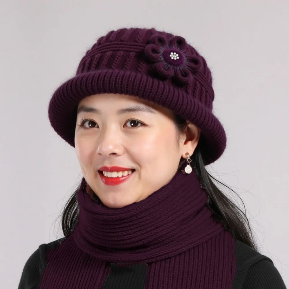 

Sweet Flower Floral Knitted Bucket Hat Plush Crochet Woolen Hat Handmade Thickened Warm Fisherman Hat Autumn and Winter