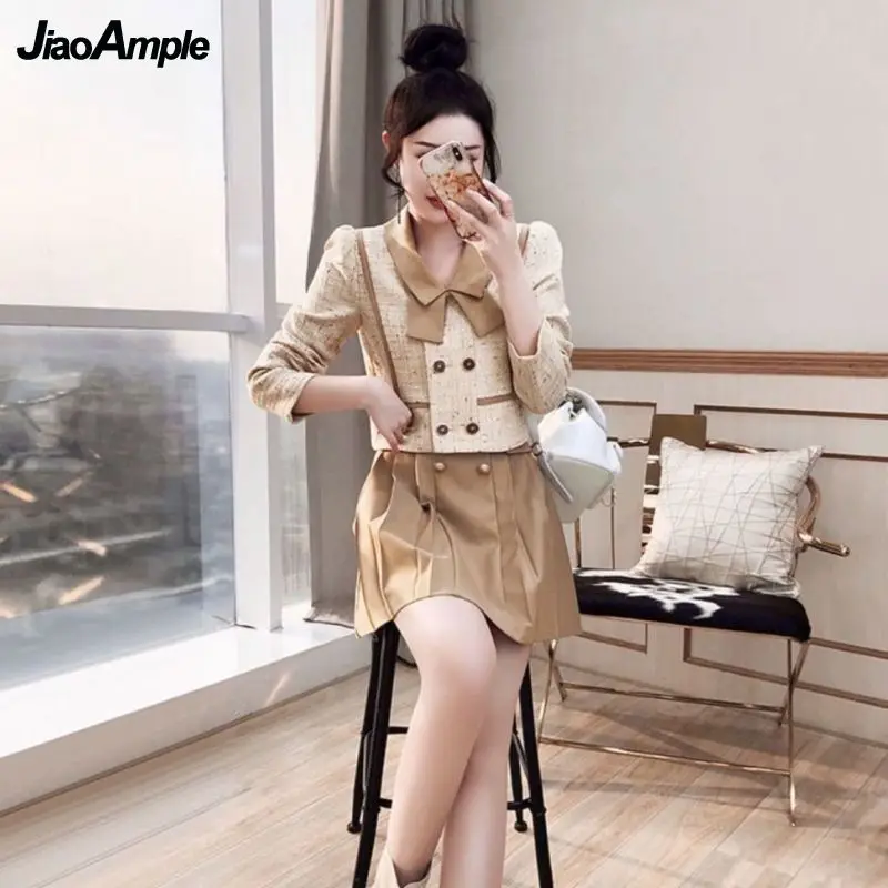 2024 Spring New Elegant Coat Top Pleated Skirt Two-piece Women's Casual Long-sleeved Jacket Mini Skirts Set Korean Fashion Suit