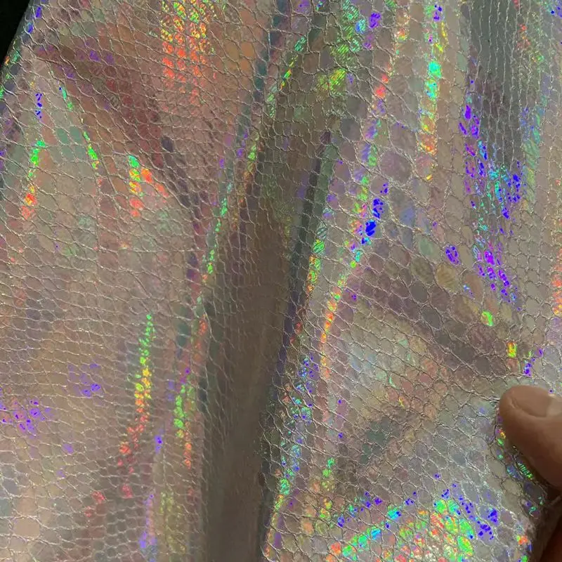 Hot Fashion Pu Holographic Imitation Faux Snake Skin Synthetic Leather Fabric Materials