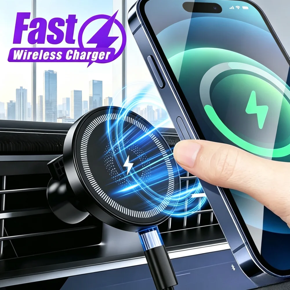 Suporte Magnético para Celular com Carregador Sem Fio para Saída de Ar de Carro, Compatível com iPhone 17 16 Pro Max 15 14 13 12, Carregamento Rápido