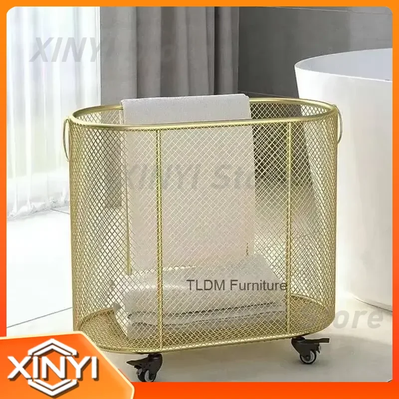 Modern Luxury Bathroom Iron Art Laundry Basket for Dirty Clothes Household Storage Basket with Golden Belt Wheels