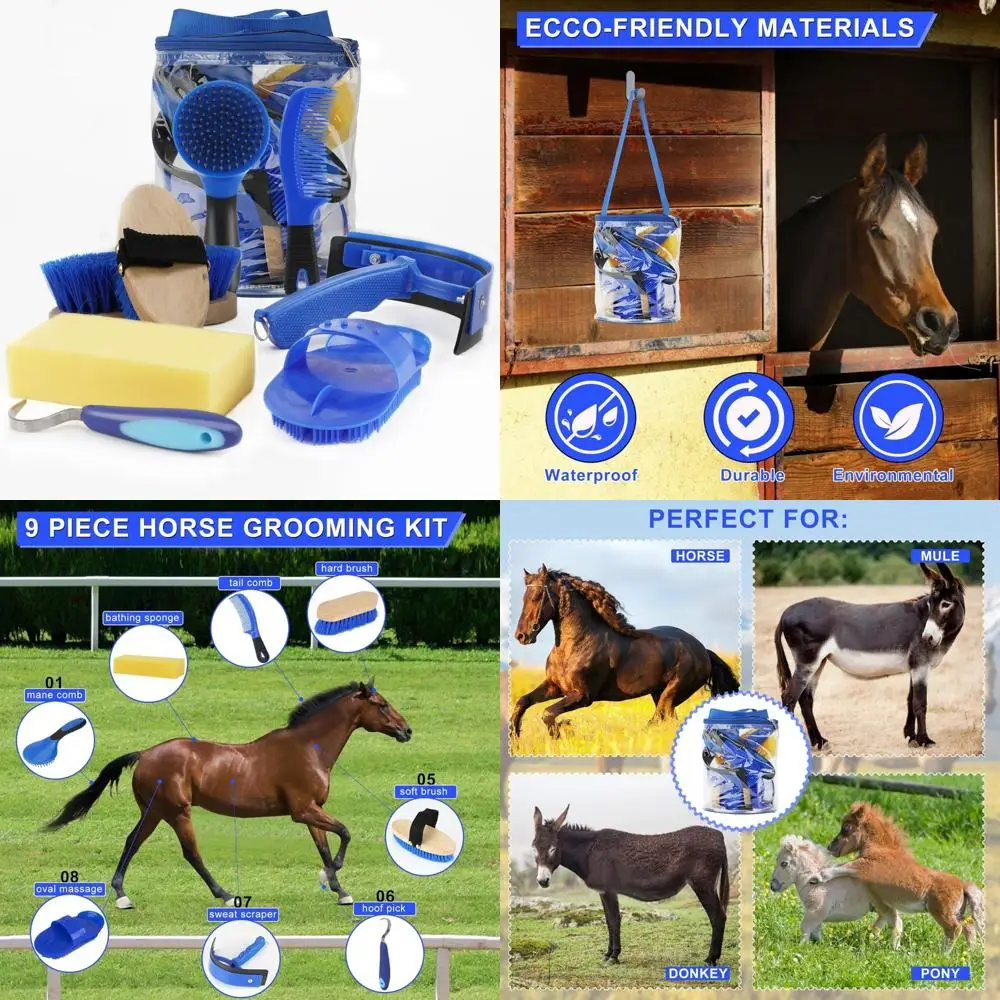 Kit de aseo de 9 piezas con bolsa de mano, juego de cepillos para caballos, raspador de sudor, esponja, selección de pezuñas, peine de curry para ciclistas y principiantes (Bl