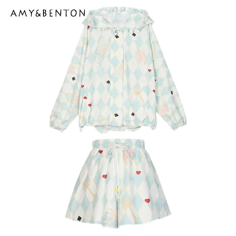 

New Rhombus Contrasting Color Printing Hooded Long-sleeved Women's Sunscreen Clothing 2025 Tie High-waisted Shorts Suit Ladies