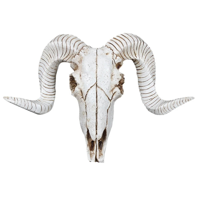 2X Creative Resin Sheep Head Skull Head Wall Hanging 3D Animal Longhorn Sculpture Figurines Crafts Horns Home Decor