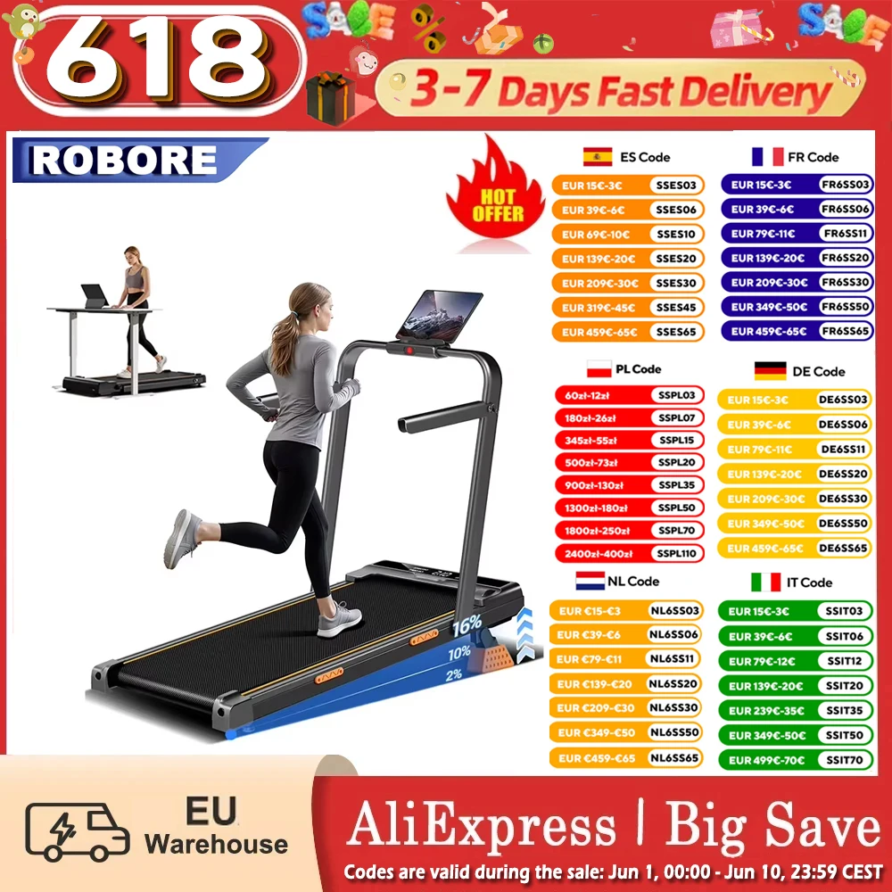 Caminadora Plegable ROBORE X5F, Inclinación del 16%, Motor Silencioso de 2.5HP, Velocidad Máxima de 10 km/h, Carga de… — oferta en AliExpress