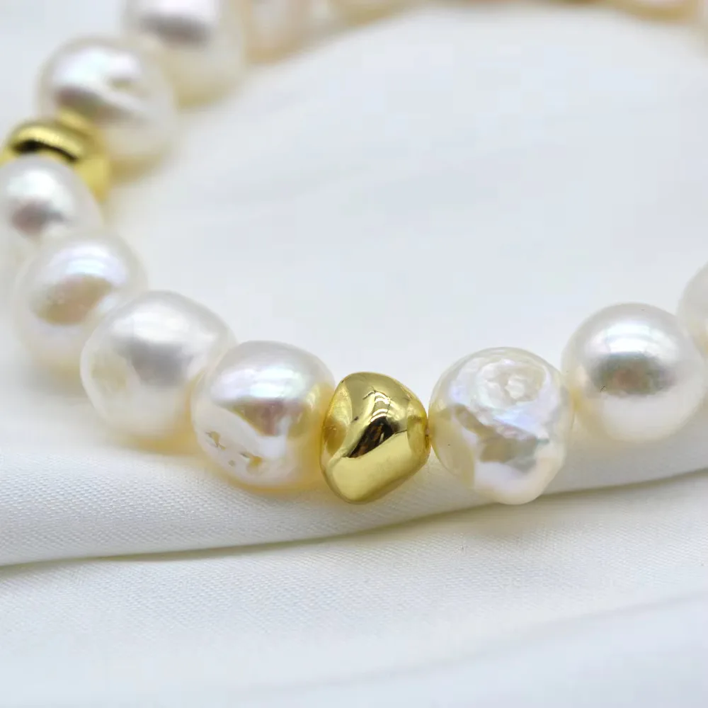 Baroque Pearl Bracelet White Natural Pearl Irregular Shape Meteorite Gold Accessories Women's Elastic Bracelet