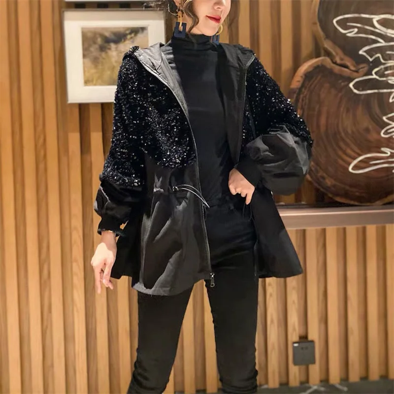 European Station Add Cotton coat Women Hong Kong Style Autumn Winter New Sequins Stitching Small Cotton Coat Slim Windbreaker