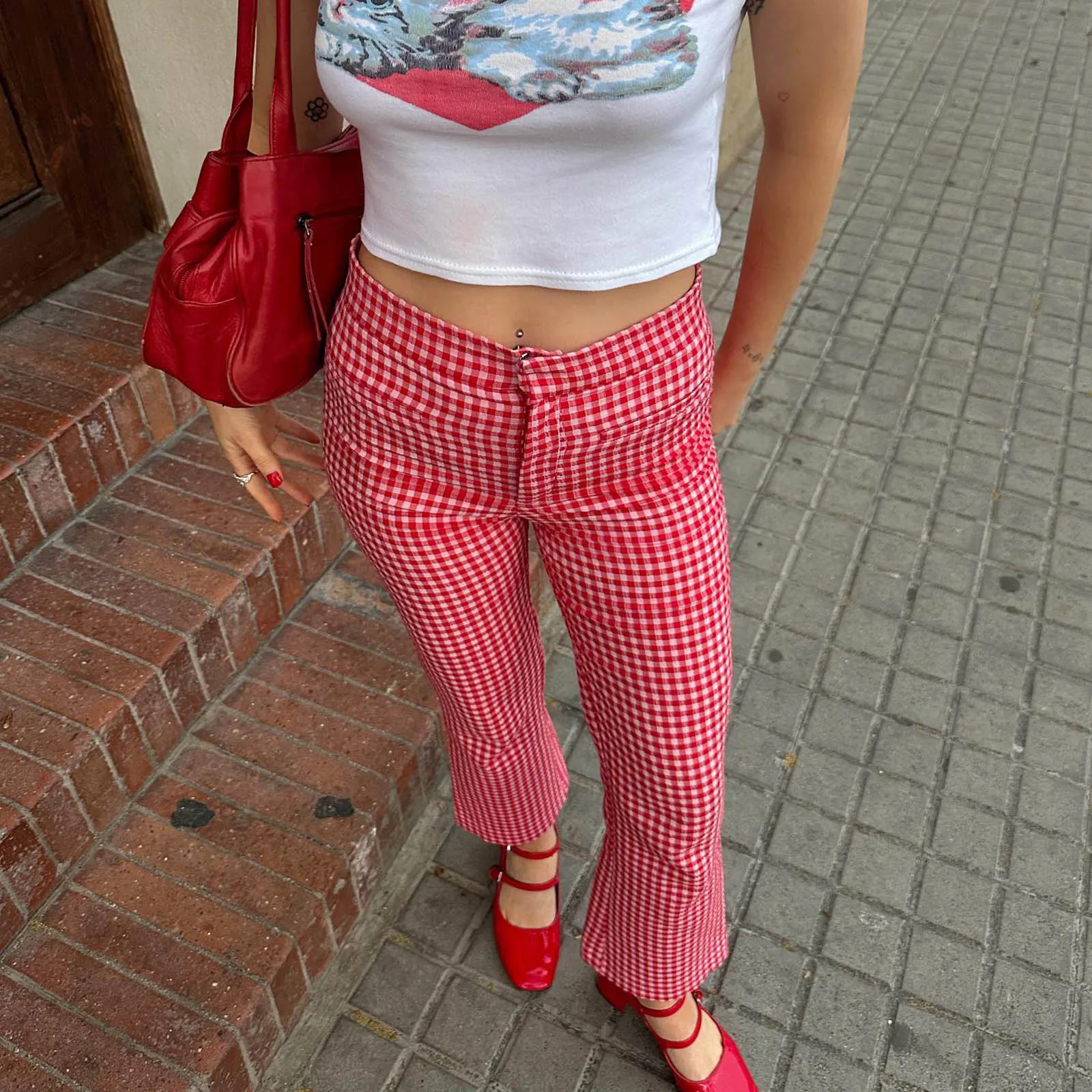 

Women Plaid Pants High Waist Trousers Spring Summer Fashion Casual Sweatpants Slim Fit Slightly Flare Pants