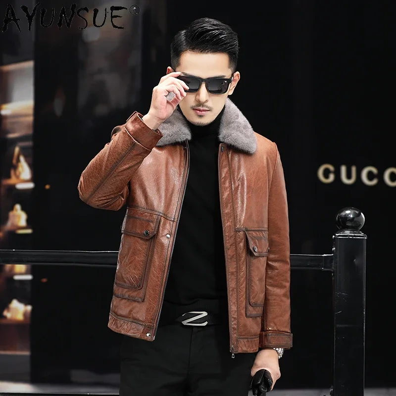 AYUNSUE Winter Genuine Leather Jackets Men Natural Mink Fur Collar Coats Cowhide Jackets Male Clothes Chaquetas Hombre WPY4662