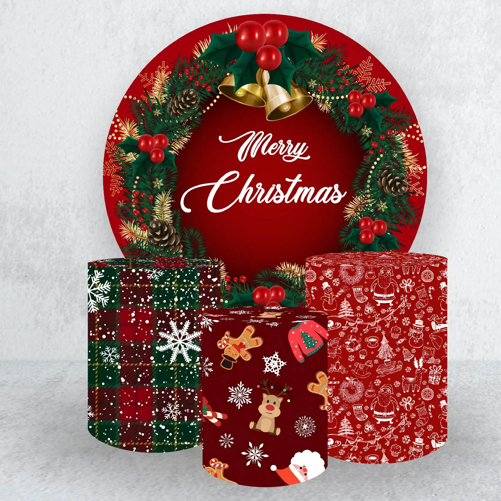 

Merry Christmas Theme Round Backdrop Cover and 3pcs Red Cylinder Covers Christmas Party Decor Photo Studio Props Elastic Fabric