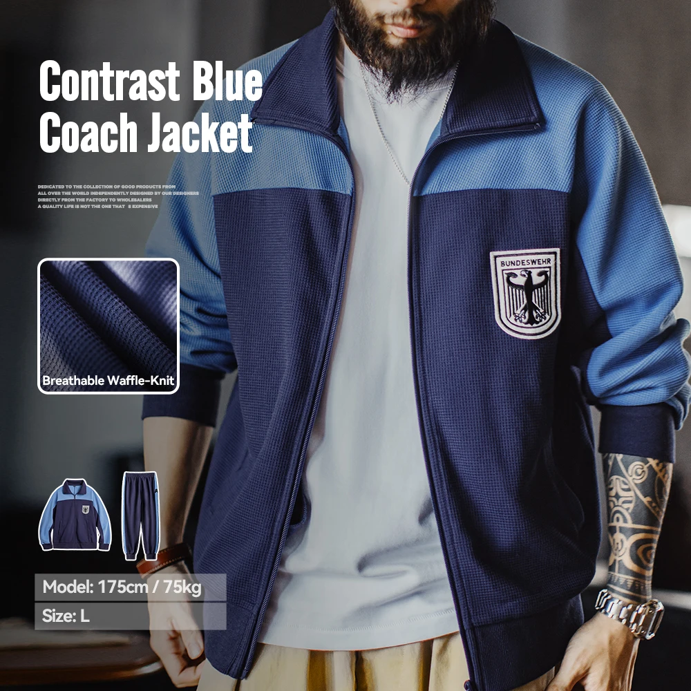 Maden Men's Vintage Contrast Navy Blue Jacket Waffle Knit Training Jacket Breathable Stand Collar Outwear for Spring Fall