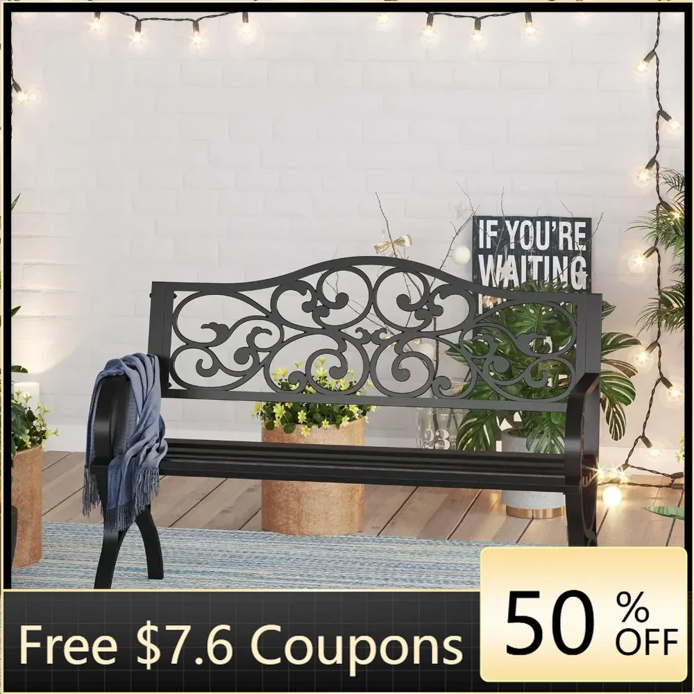 Yard & Porch Outside Benches 50-Inch Cast Iron Steel Frame Garden Bench Outdoor Patio Bench Chair W/Floral Design Backrest