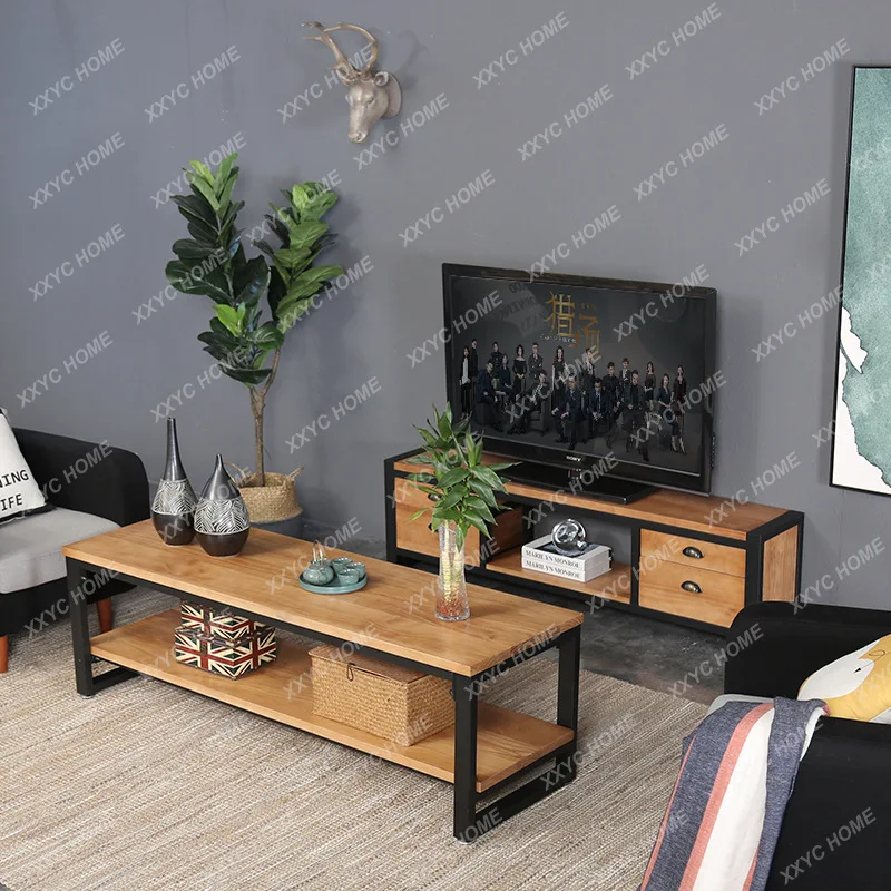 

Комбинация журнального столика и тумбы под телевизор в ретро-стиле, двухъярусный журнальный столик из массива дерева, многофункциональный чайный столик для дома.