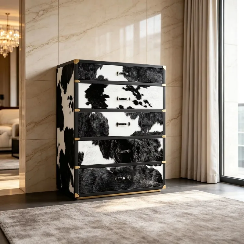 Vintage five-drawer cabinet, cowhide pattern, locker, black gold decoration, dresser, suitable for bedroom home decoration