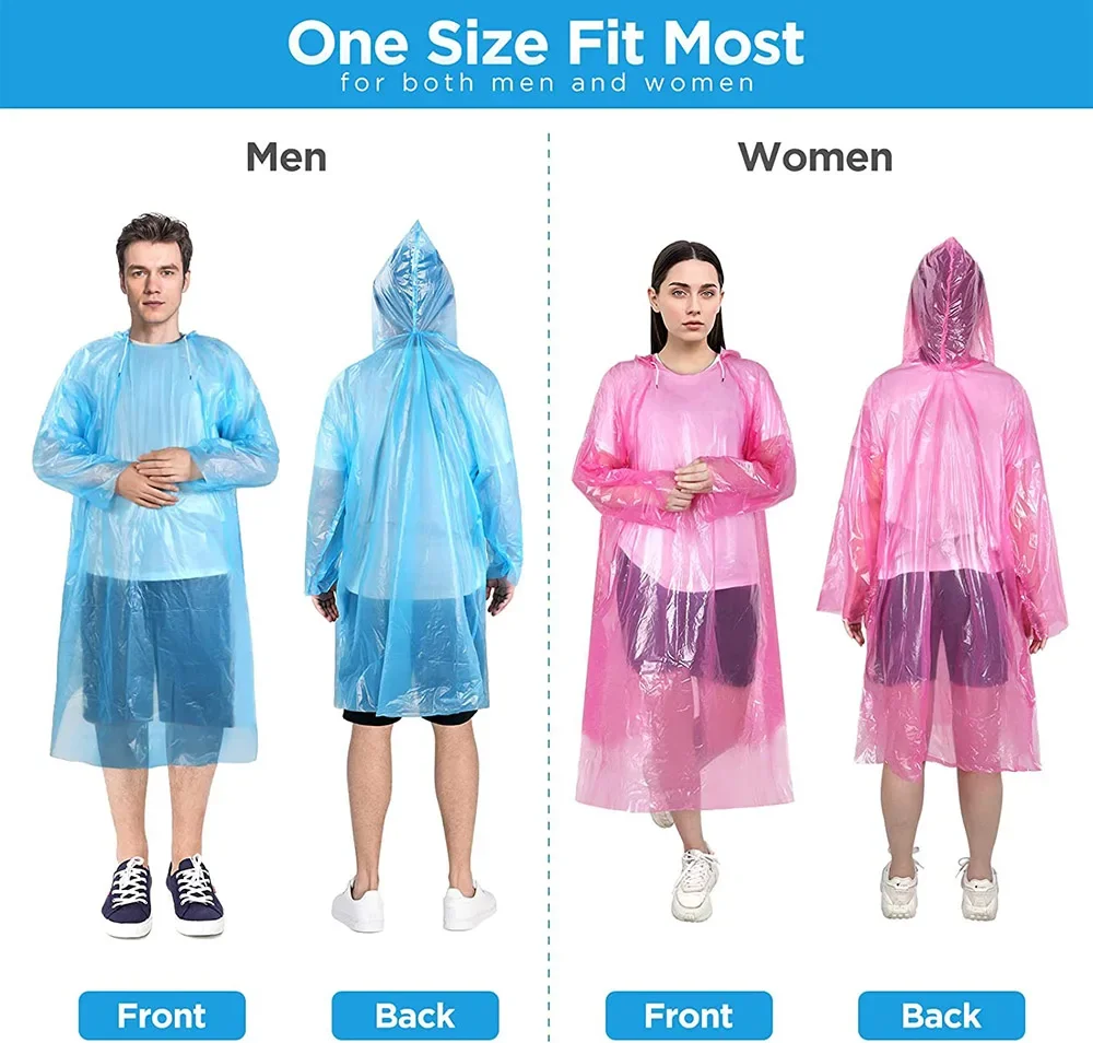 10/20/50 Pieces Rain Ponchos Adults Disposable Plastic Raincoats with Hood Portable Emergency Raincoats for Outdoor Activities