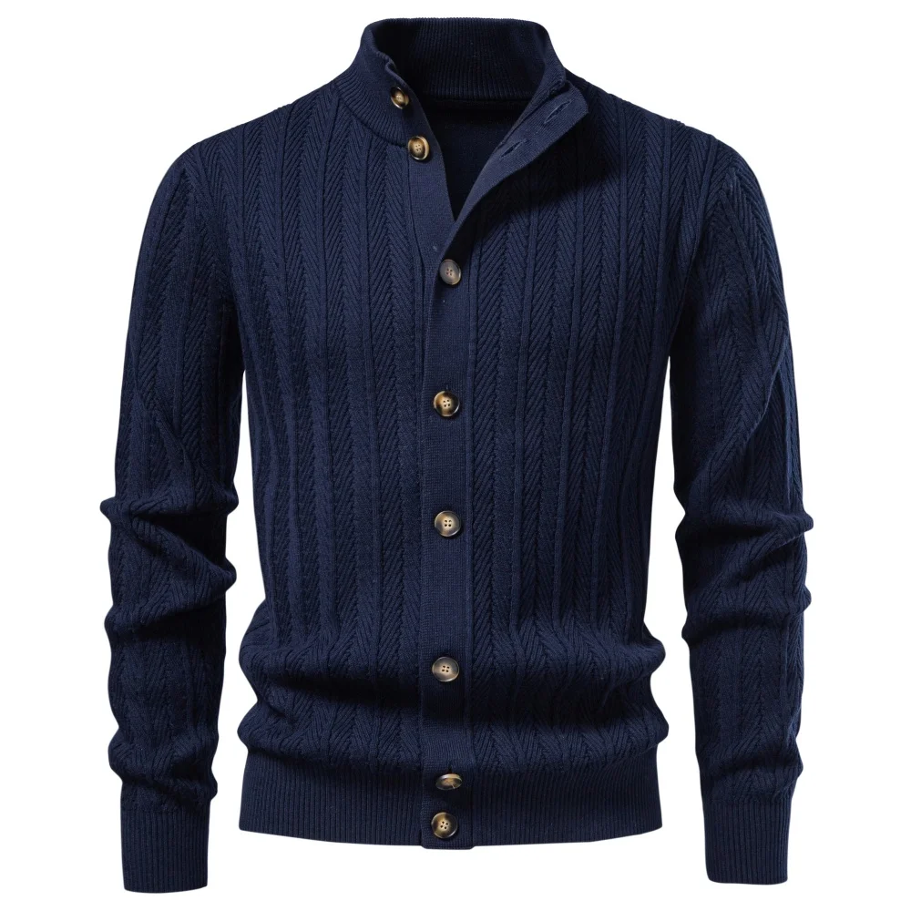 AIOPESON Herren Baumwoll-Design Strickpullover mit Knöpfen, Stehkragen, gerippten Bündchen, Cardigan, Smart Casual, Büro, Thermo, Herbst Winter – Detail 4