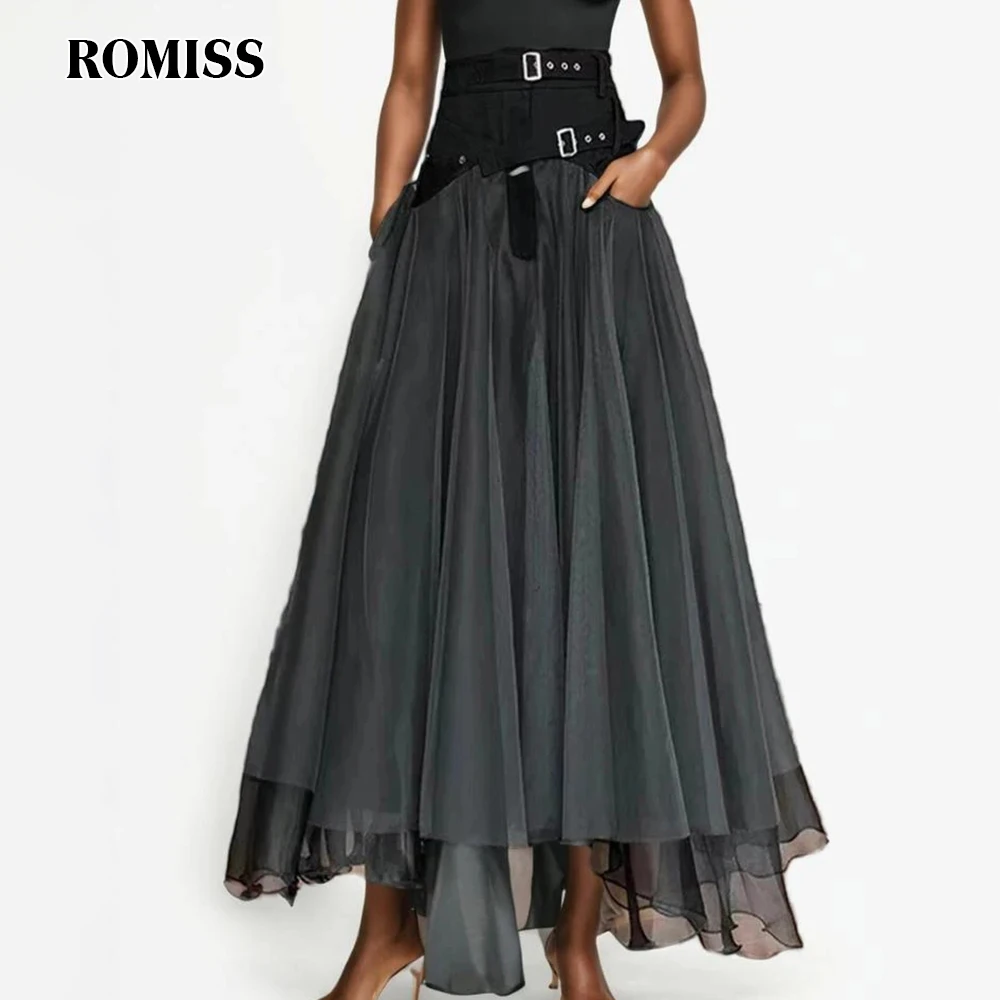 ROMISS Spliced Belt Popular Designer Skirt  For Women High Waist Patchwork Sheer Mesh Slim Solid Skirts Female Summer Clothing