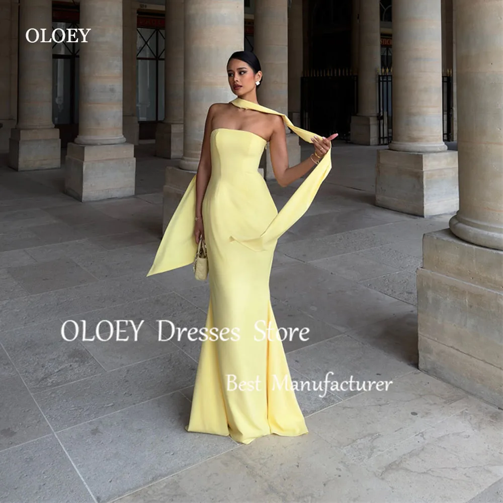 

OLOEY Simple Mermaid Yellow Evening Dresses With Scalf Arabic Women Strapless Soft Satin Floor Length Prom Gowns Formal Party