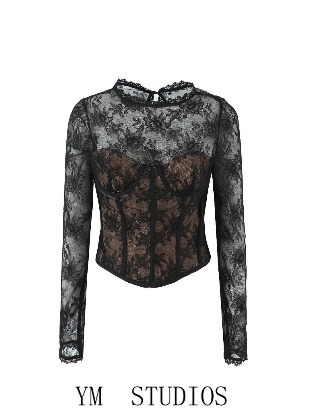 

Sexy Bla Lace See-tough ort Top Women's Long Sve Slim Fit Base irt Spring Faion Bal Sle Polyester Fiber