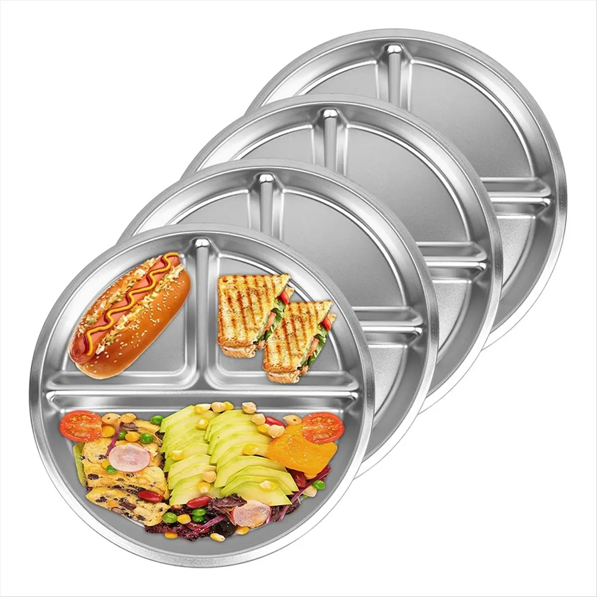 2026 Trend 4Pack Stainless Steel Plates, 8Inch 3 Section Round Divided Plates Portion Control Plates Partition Plate for Camping