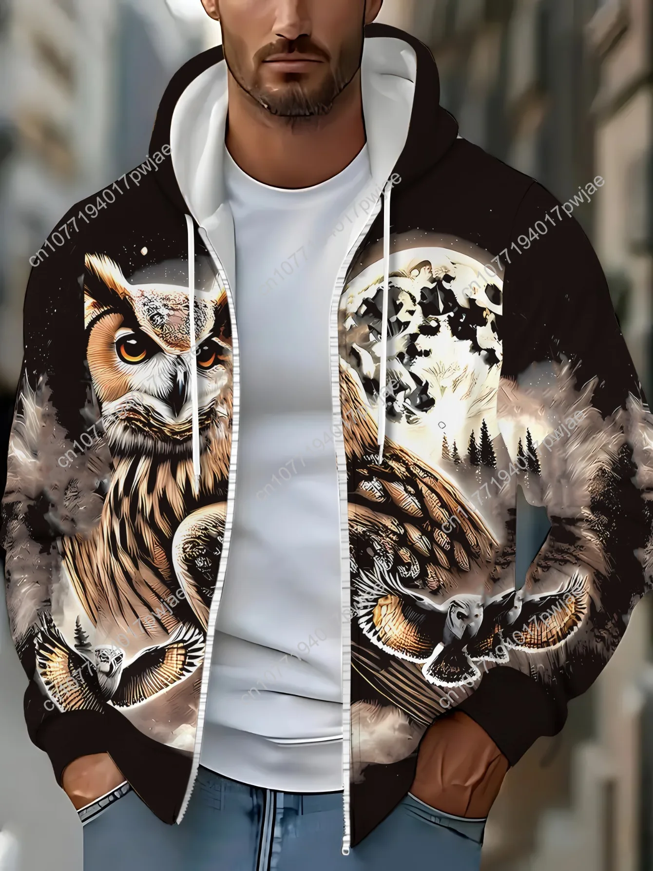 Abbigliamento sportivo da uomo con cappuccio a maniche lunghe con cerniera Felpa con cappuccio con stampa gufo per abbigliamento da soggiorno, tessuto morbido in poliestere, Sw leggero e resistente