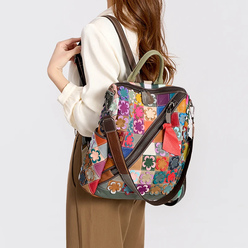 

Genuine Leather Travel Backpack for Women, Color Splicing Backpack, Retro Women's Head Layer, New, 2026