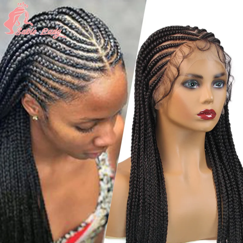 Synthetische Full Lace Box Gevlochten Pruiken Cornrow Gevlochten Pruik Voor Zwarte Vrouwen Knooploze Vlechten Pruik Baby Haar 36 "Transparante Kanten Pruiken