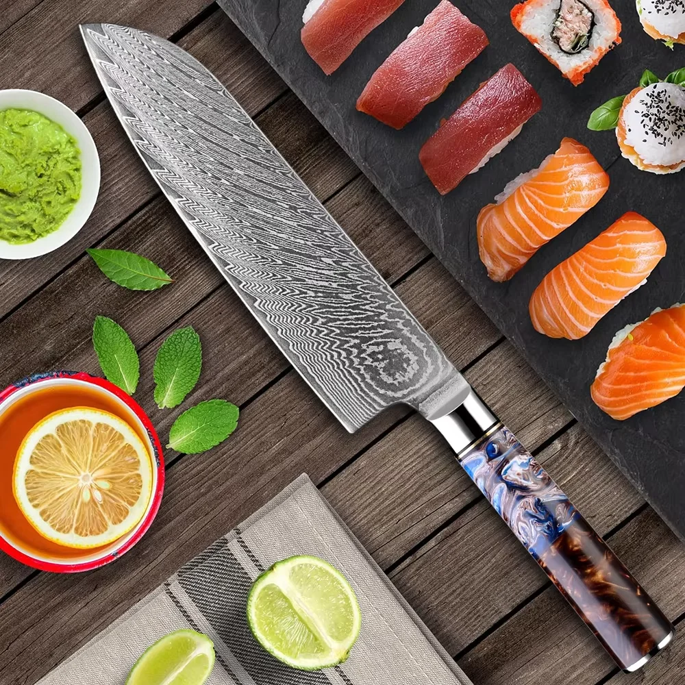 Japanese Damascus Steel Santoku Knife 7 Inch Sharp Kitchen Slicing Knife Ergonomic Resin Handle Chef Knife Sharp Cooking Knives