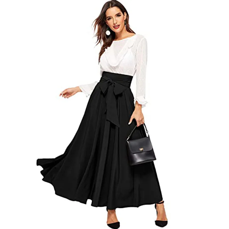 Elegant High Waist Women's Skirt Autumn Cross-Border Fashion Front-Belted Pleated Long Skirt Business Casual Style A-Line Dress