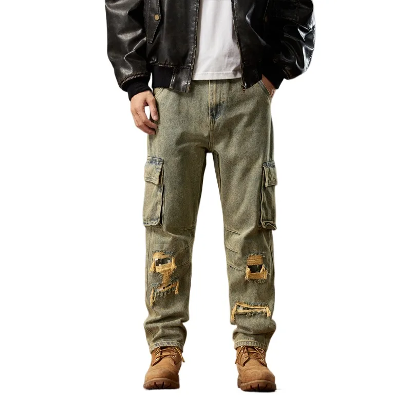 Men High Street Ripped Cargo Jeans Pants With Pockets Fashion Loose Fit Destroyed Workwear Denim Trousers With Holes Big Size 40