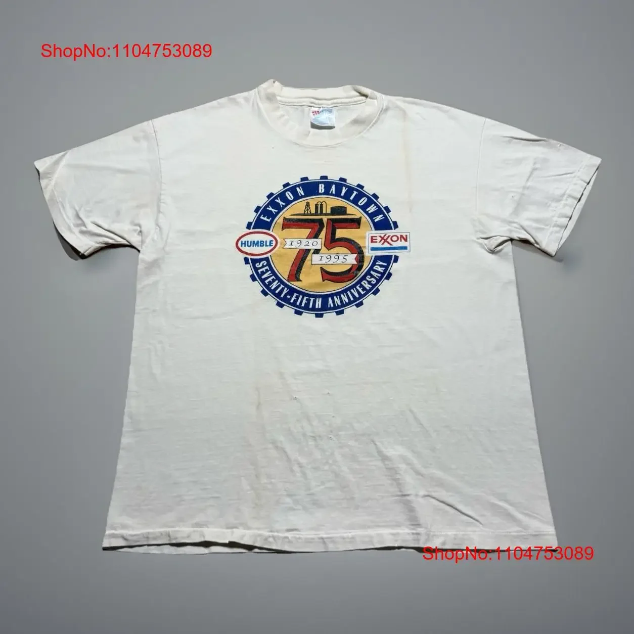 Vintage 90s EXXON Oil Rig Baytown 75 aniversario camiseta tamaño grande desgastado vintage lavado Top para uso diario homme