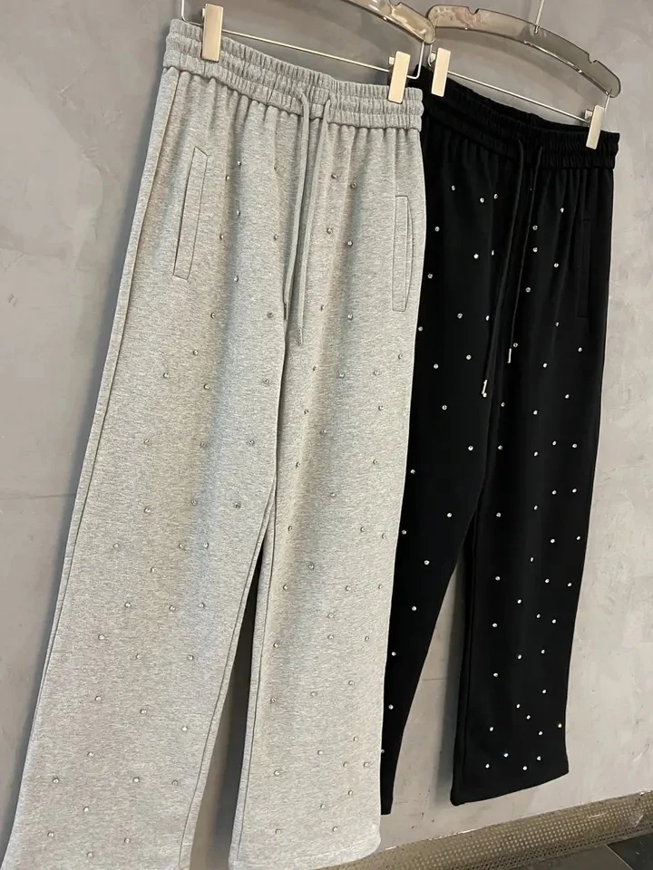 2024 Spring Fashion New Women High Quality Luxury Diamonds Long Pants Trouse for Female 2 Color