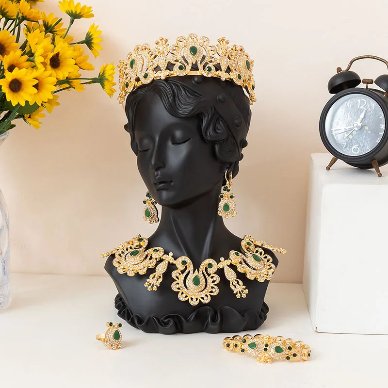 

Moroccan Kaftan Bridal Jewelry Set Gold & Bronze Full Crystal Necklace Earrings Bracelet Ring Crown Accessory for Wedding Dress