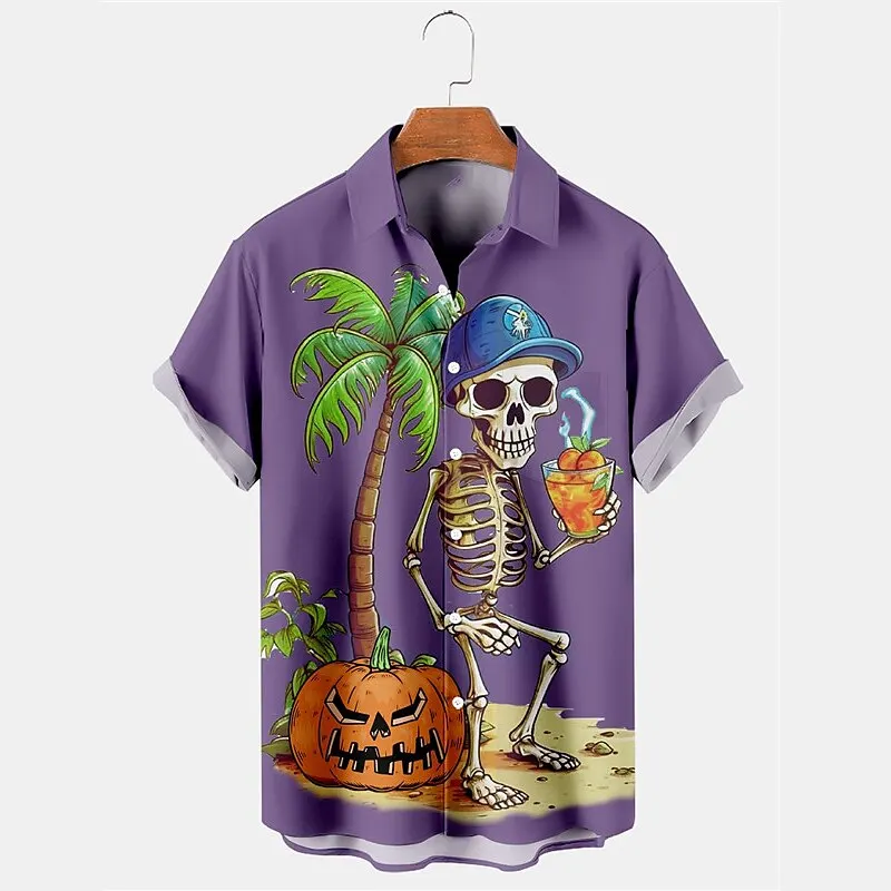 

Men's Shirt Skull Coconut Tree Halloween Short Sleeve Print Outfit Fashionable Hawaiian Shirt Design Casual Men's Lapel Top